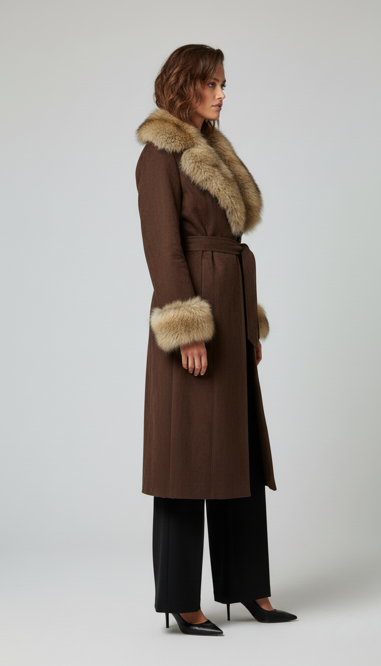 Cappotto Scamosciato con Ecopelliccia – “Winter Bloom Luxe" color Cioccolato