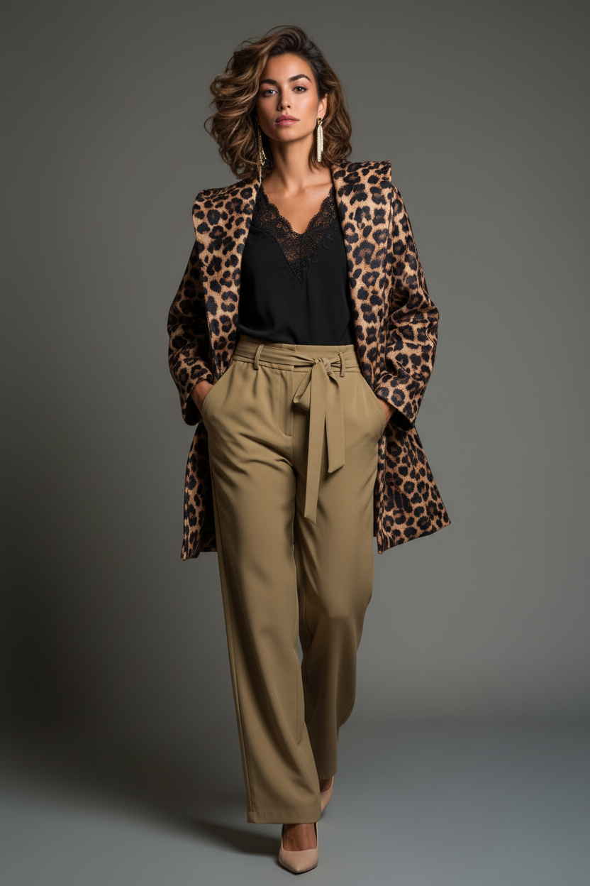 Giacca animalier con cintura e cappuccio- Effetto leopardato