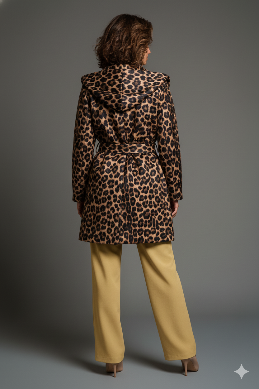 Giacca animalier con cintura e cappuccio- Effetto leopardato