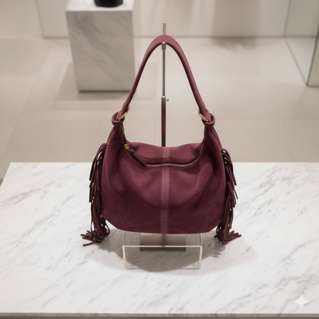 Borsa in camoscio con frange laterali – Bordeaux
