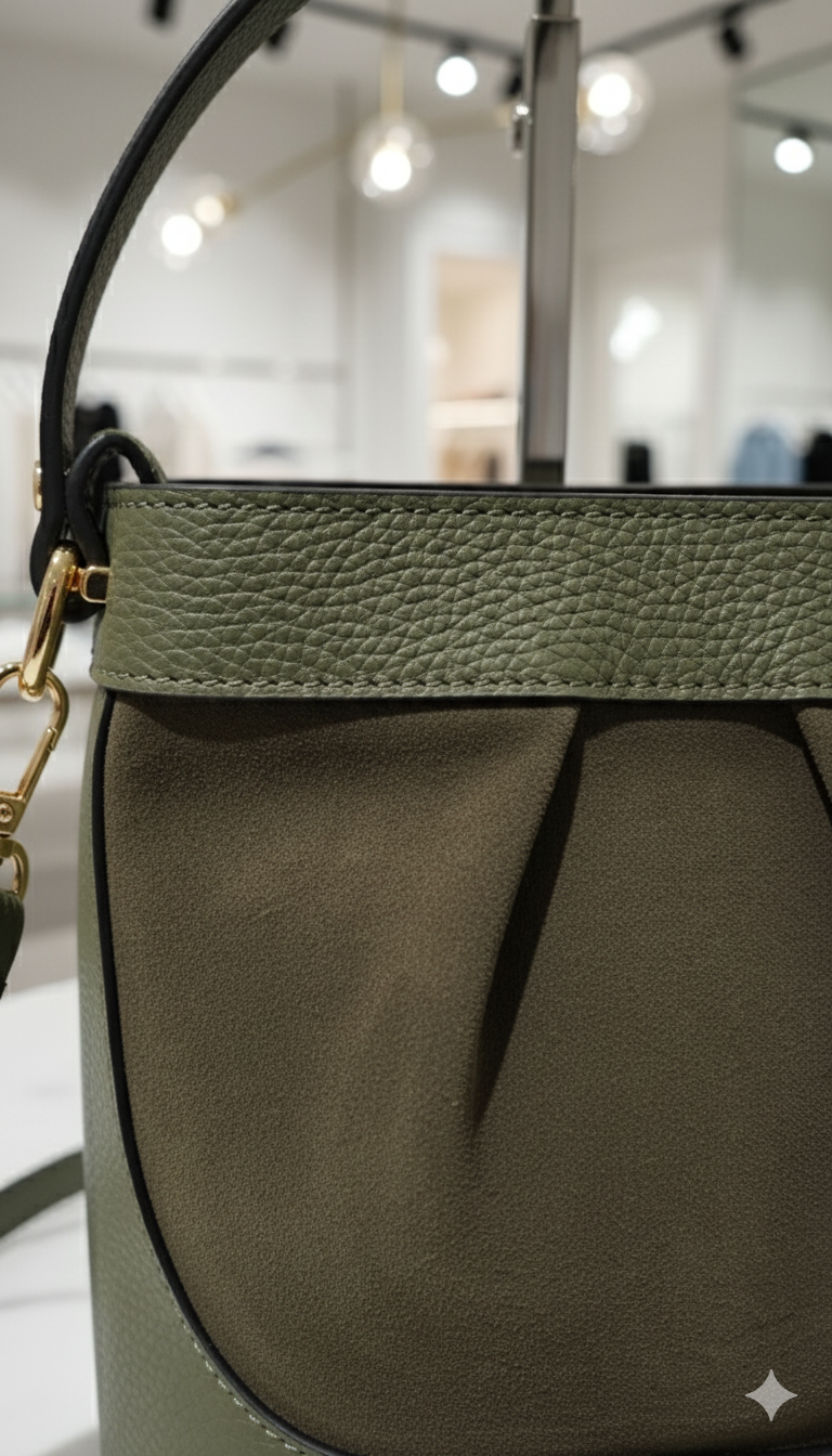 Borsa secchiello in vera pelle e camoscio – Verde bosco