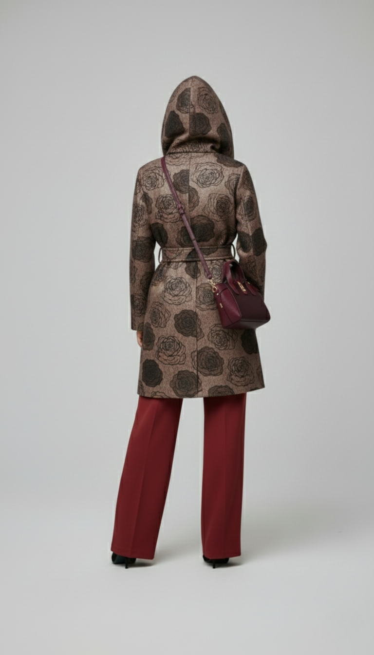 Giacca floreale con cintura e cappuccio- Stampa con le rose