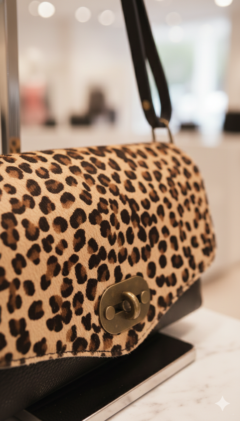 Borsa a spalla in cavallino stampa leopardata – Dettagli in pelle nera