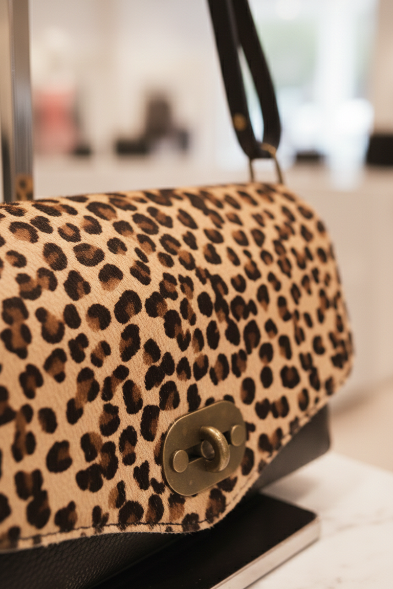 Dettaglio patta in cavallino leopardato e chiusura a girello della borsa a spalla RAELA