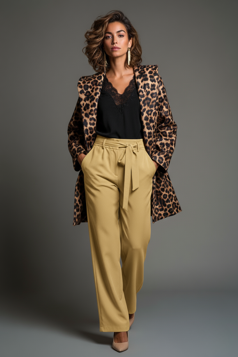 Giacca animalier con cintura e cappuccio- Effetto leopardato