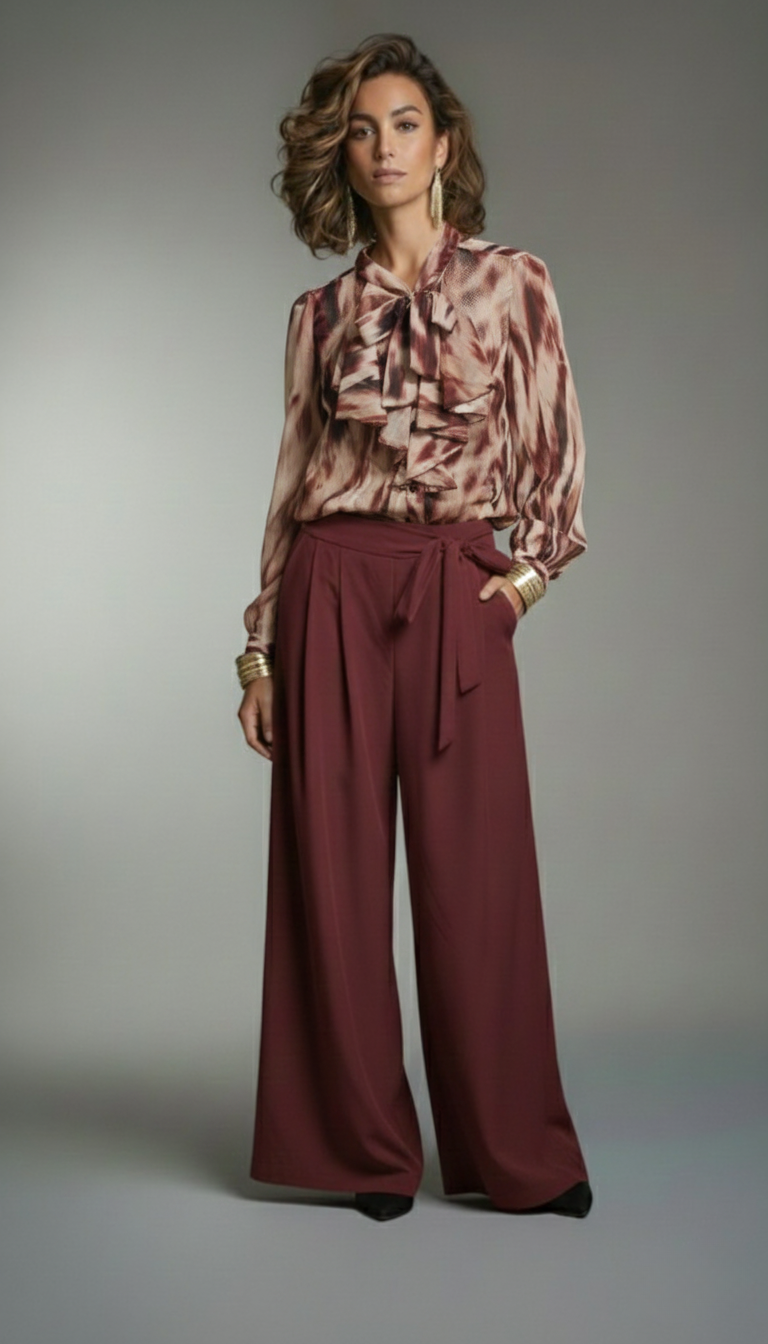 Camicia fantasia bordeaux con balze e fiocco