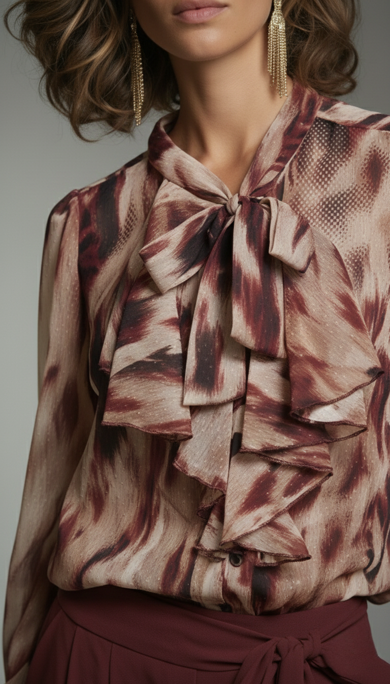 Camicia fantasia bordeaux con balze e fiocco