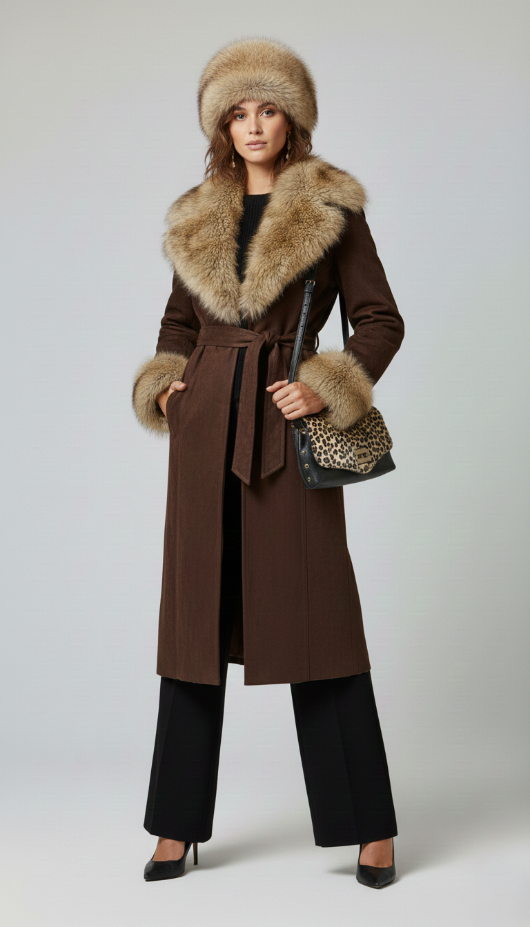 Cappotto Scamosciato con Ecopelliccia – “Winter Bloom Luxe" color Cioccolato