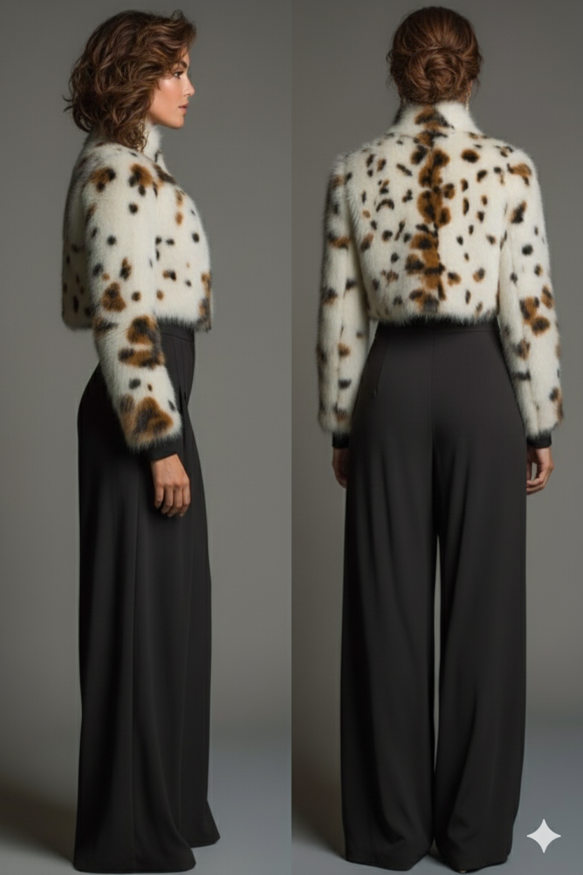 Giacca Bolero in Eco-Pelliccia Maculata “Winter Bloom” – Taglio Corto & Zip Frontale