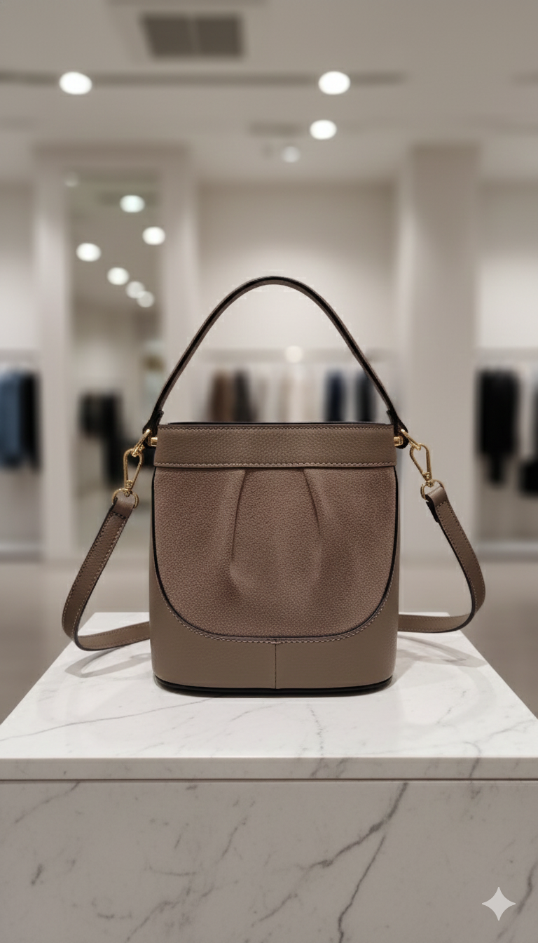 Borsa secchiello in vera pelle e camoscio - Fango