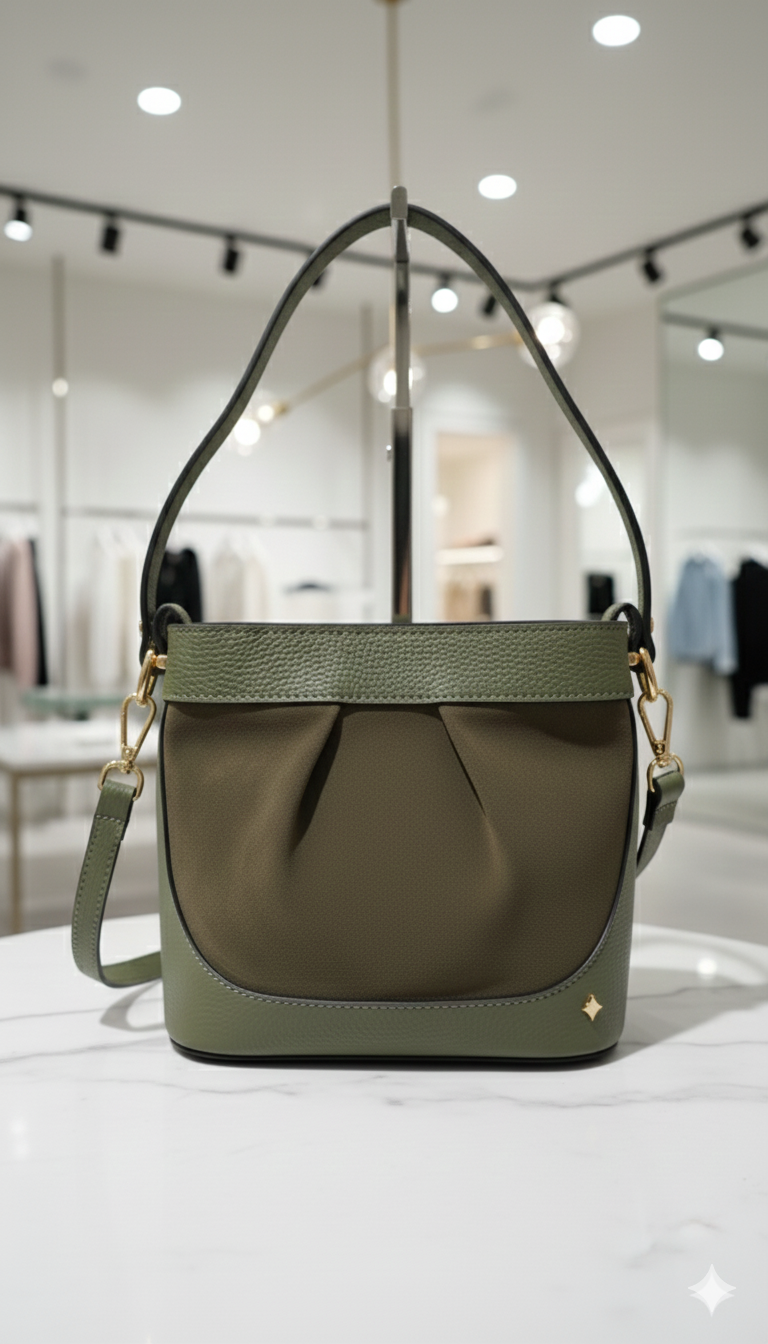 Borsa secchiello in vera pelle e camoscio – Verde bosco