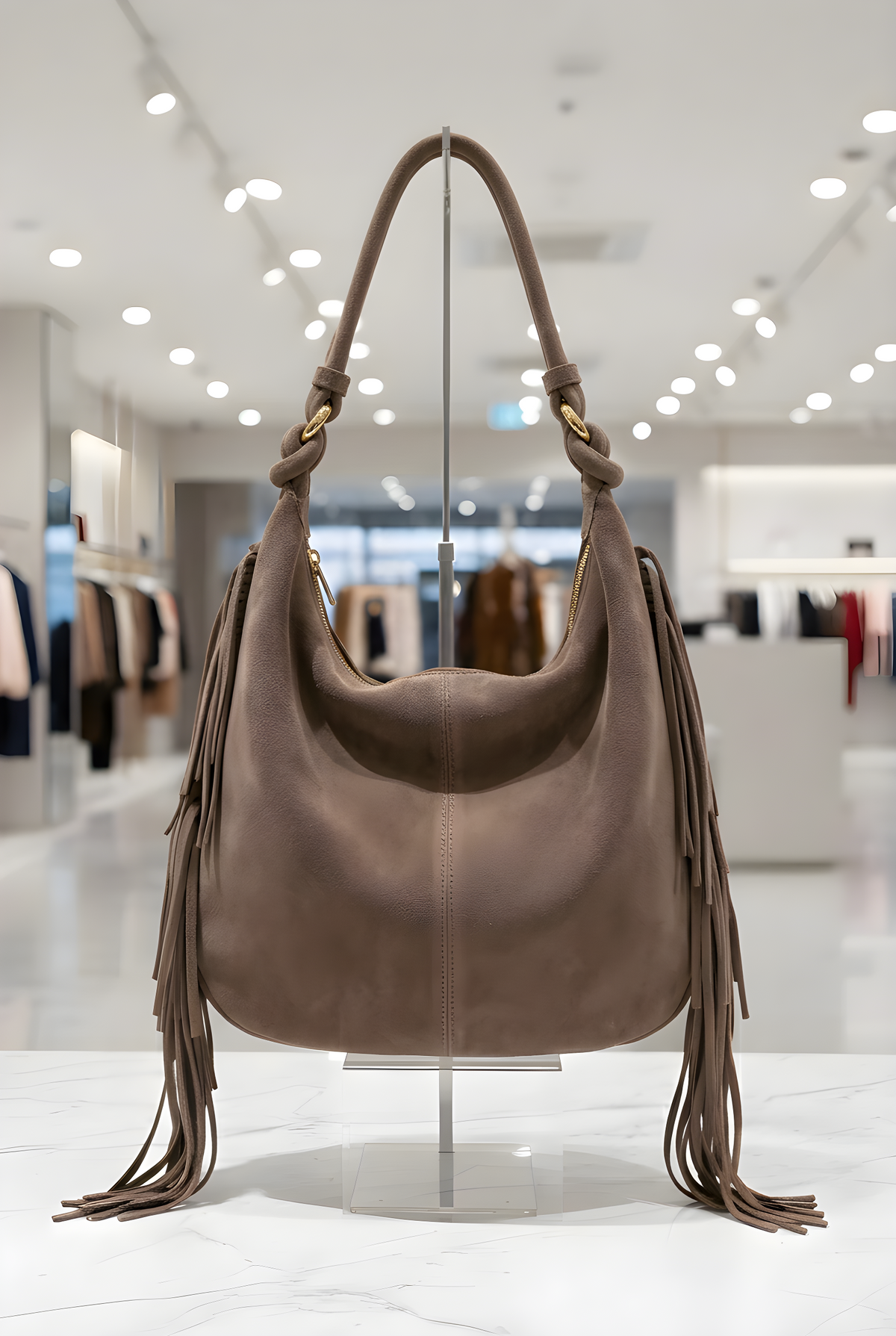 Borsa in camoscio color fango con frange laterali RAELA, stile boho-chic - vista frontale
