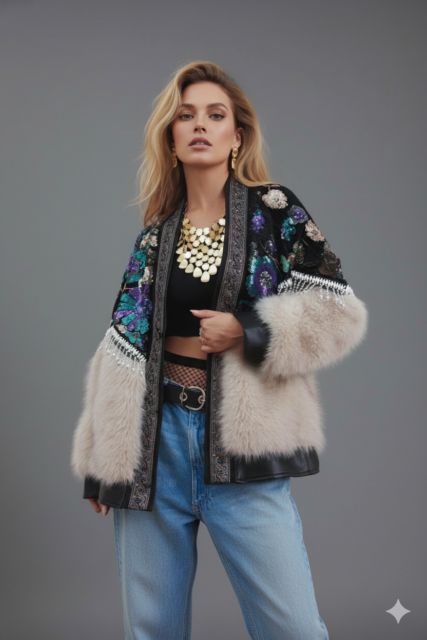 Giacca Cardigan in Eco-Pelliccia con Ricami e Paillettes Multicolor “Aurora Bloom”