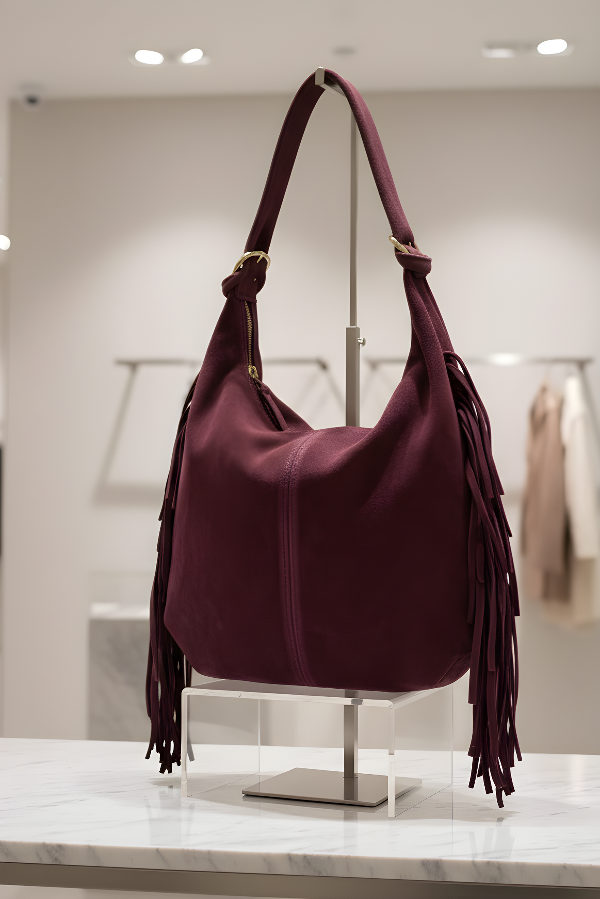 Borsa in camoscio bordeaux con frange laterali RAELA, stile boho-chic - vista frontale