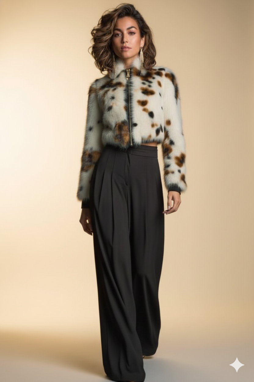 Giacca Bolero in Eco-Pelliccia Maculata “Winter Bloom” – Taglio Corto & Zip Frontale