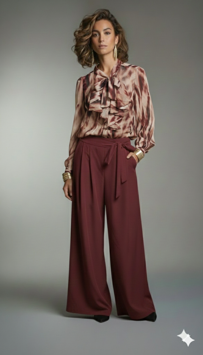 Camicia fantasia bordeaux con balze e fiocco