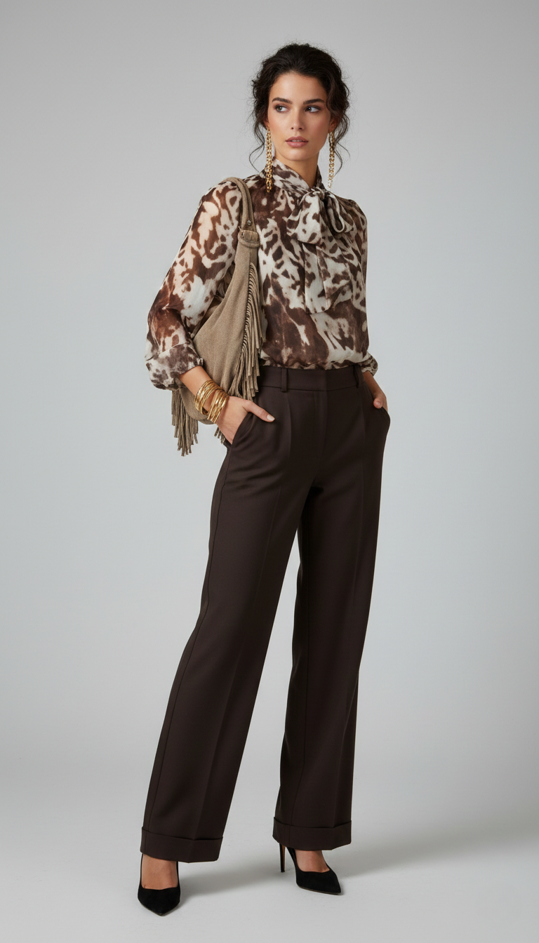 Camicia fantasia fumè marrone con balze e fiocco