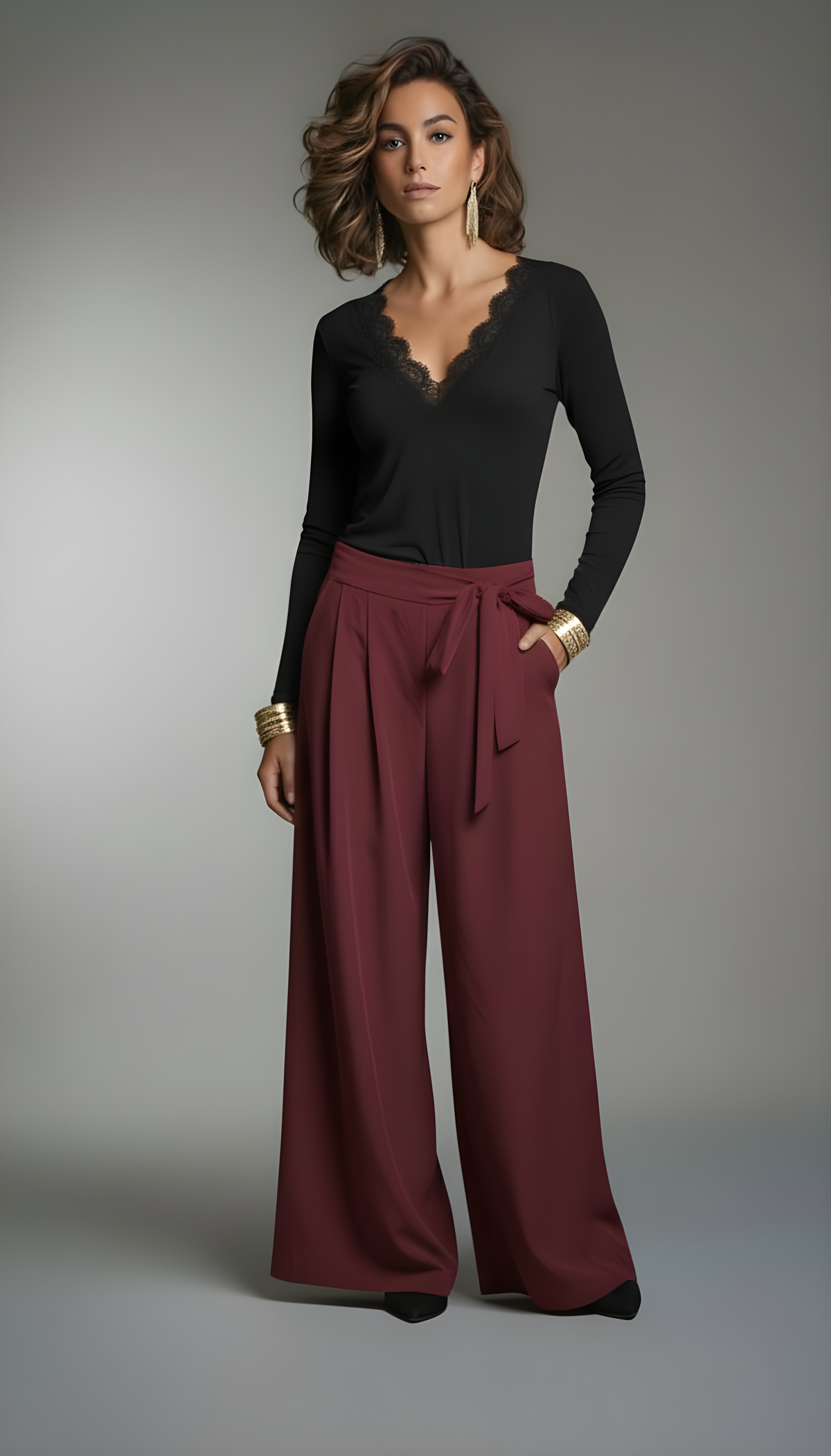 Pantalone a gamba larga bordeaux con laccetto in vita RAELA - vista frontale indossato
