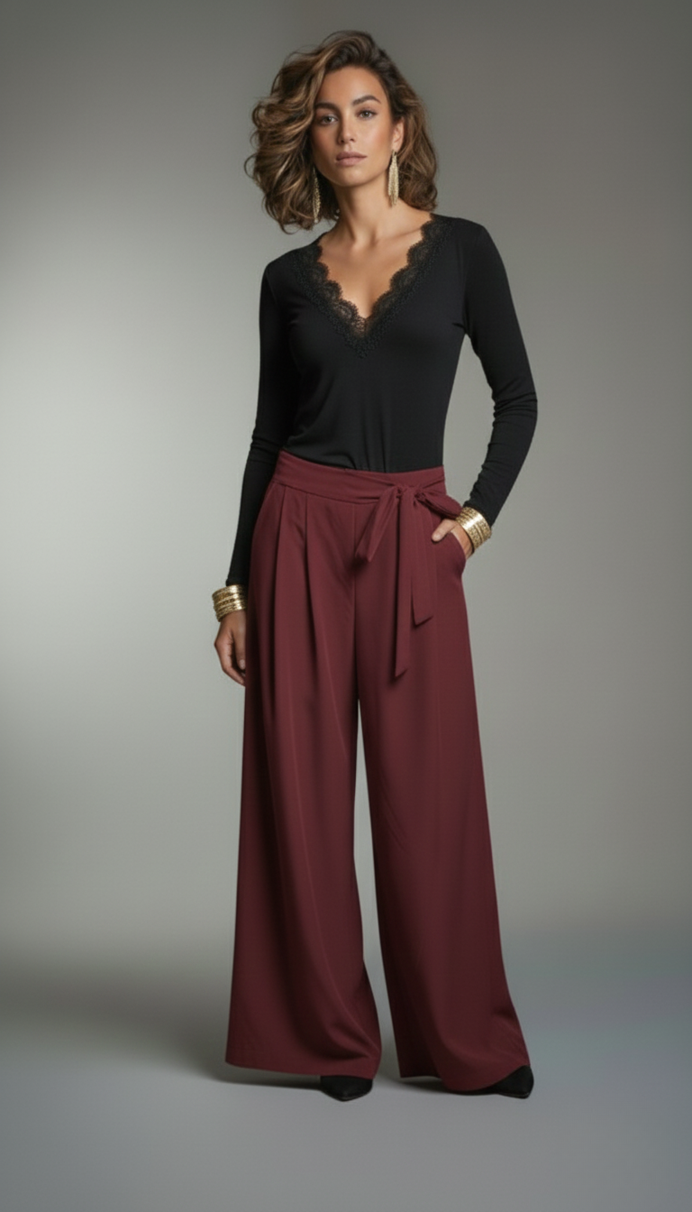 Pantalone a gamba larga con laccetto in vita