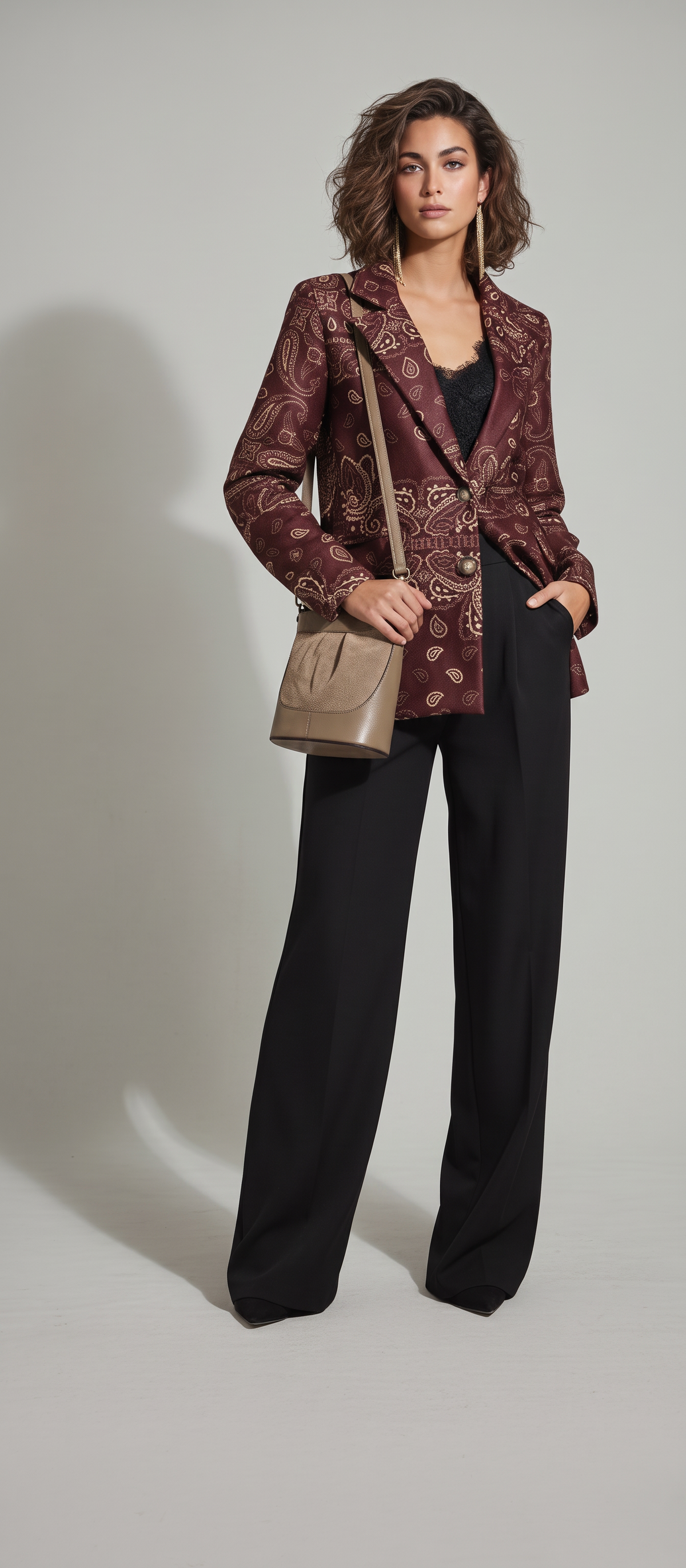 Giacca bordeaux con fantasia paisley RAELA, vestibilità sartoriale over - vista frontale indossata