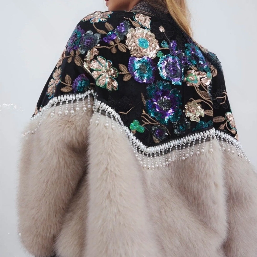 Giacca Cardigan in Eco-Pelliccia con Ricami e Paillettes Multicolor “Aurora Bloom”